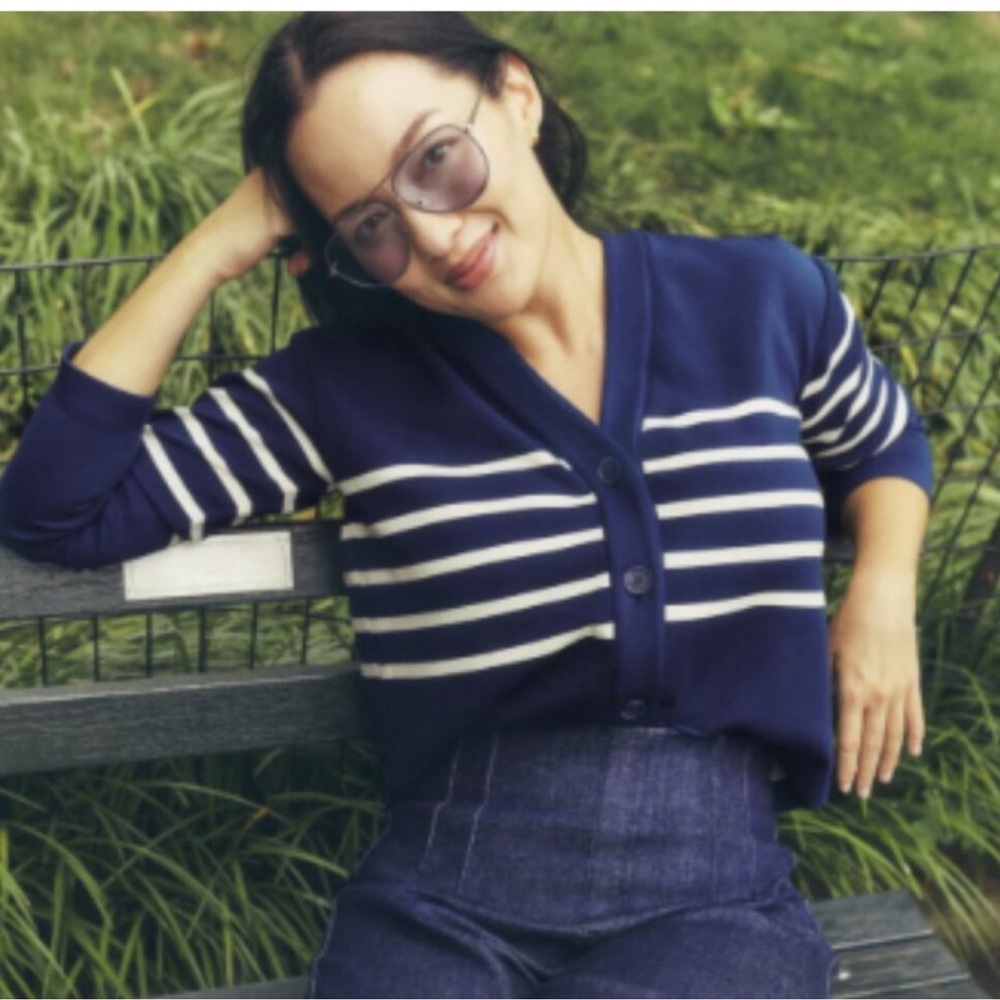 SPANX Navy and White Striped V-Neck Cardigan
